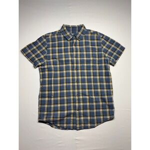 Prana Mens Plaid Short Sleeve Button Up Shirt Blue Yellow Small